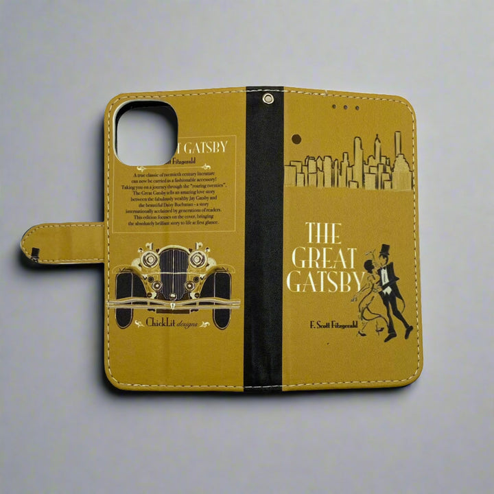 The front and back of a book-shaped phone case inspired by The Great Gatsby by F. Scott Fitzgerald.