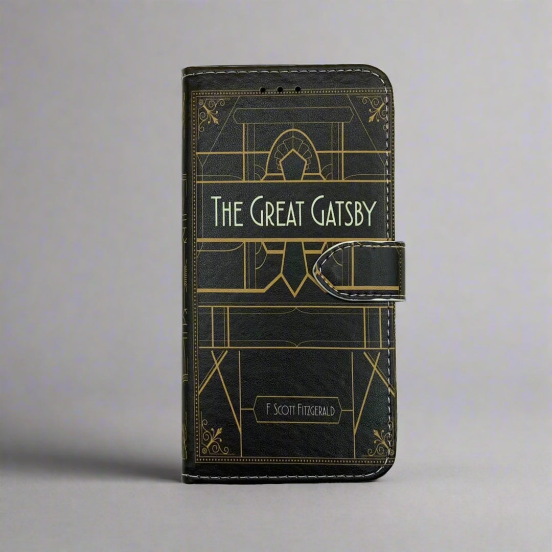 The front of a book-shaped phone case inspired by The Great Gatsby by F. Scott Fitzgerald.