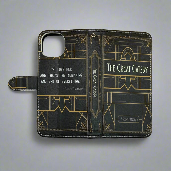 The front and back of a book-shaped phone case inspired by The Great Gatsby by F. Scott Fitzgerald.