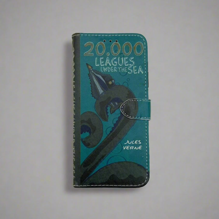 The front cover of a closed phone case inspired by the book 20,000 Leagues Under the Sea by Jules Verne.