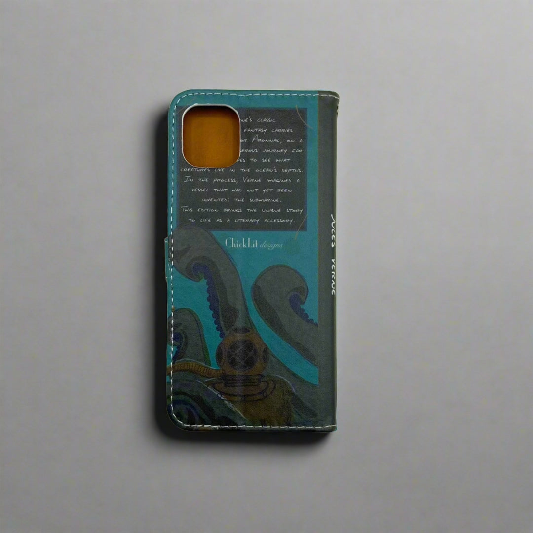 The back cover of closed phone case inspired by the book 20,000 Leagues Under the Sea by Jules Verne.