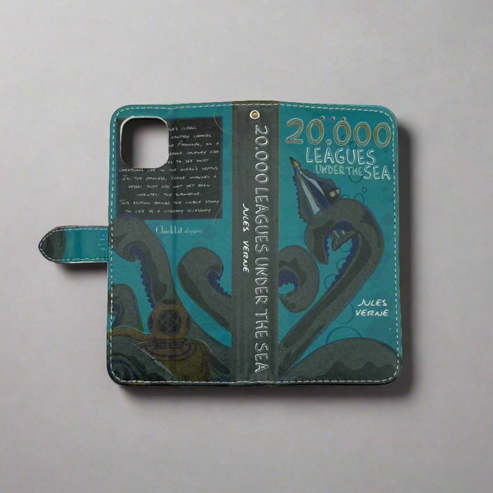 An open phone case inspired by the book 20,000 Leagues Under the Sea by Jules Verne.