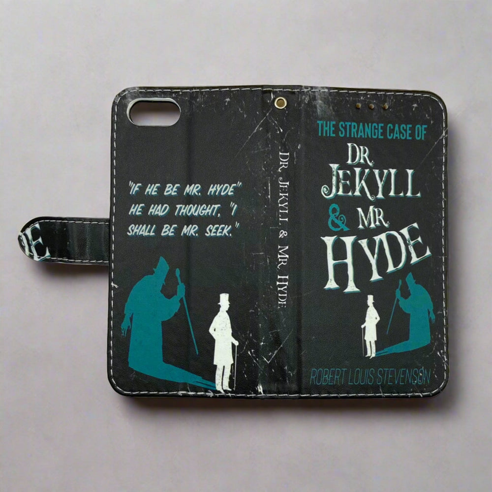 The front and back cover of a book-shaped phone case inspired by The Strange Case of Dr. Jekyll and Mr. Hyde by Robert Louis Stevenson.