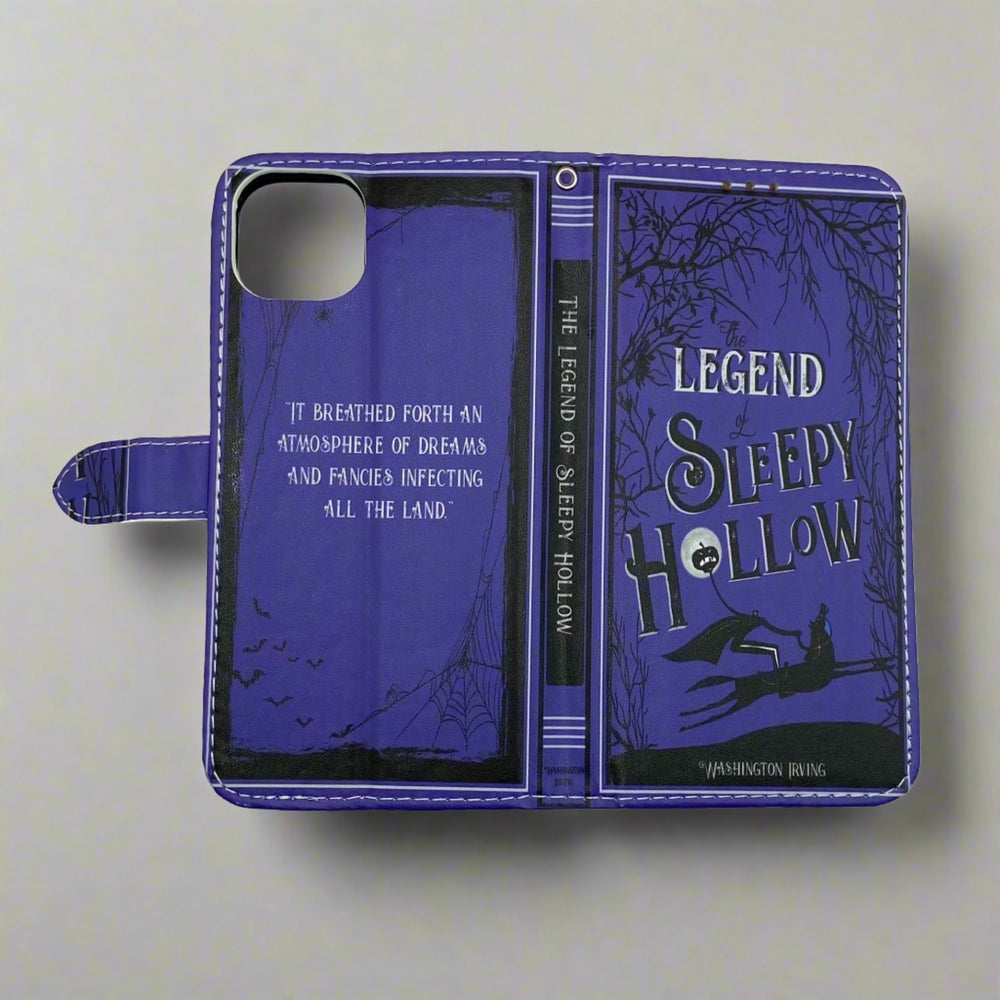 The front and back of a book-shaped phone case inspired by The Legend of Sleepy Hollow by Washington Irving.