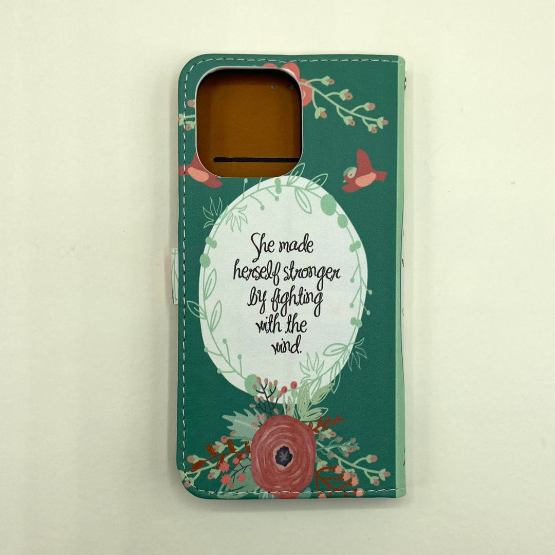 The back cover of a book-shaped phone case inspired by The Secret Garden by Frances Hodgson Burnett.