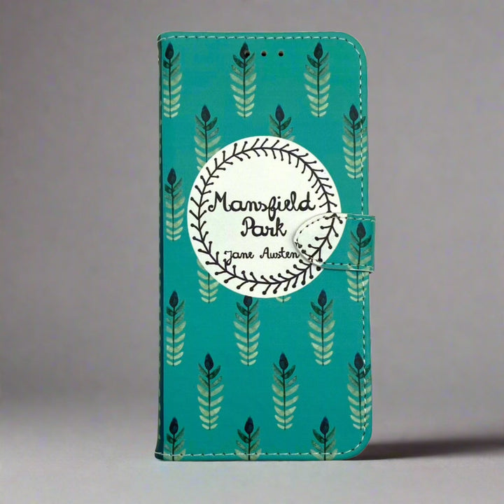 The front of a book-shaped, phone case inspired by Mansfield Park by Jane Austen.