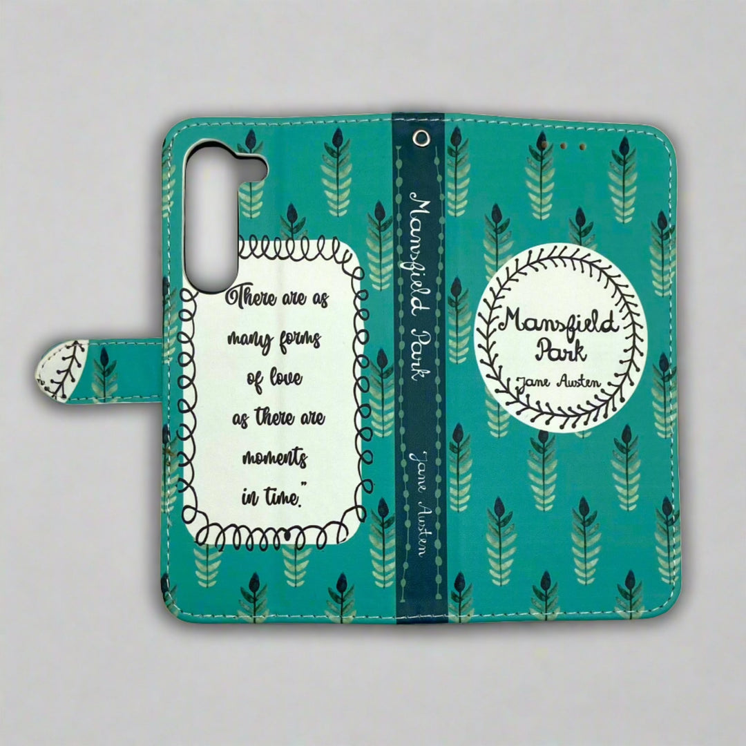 The front and back of a book-shaped, phone case inspired by Mansfield Park by Jane Austen.