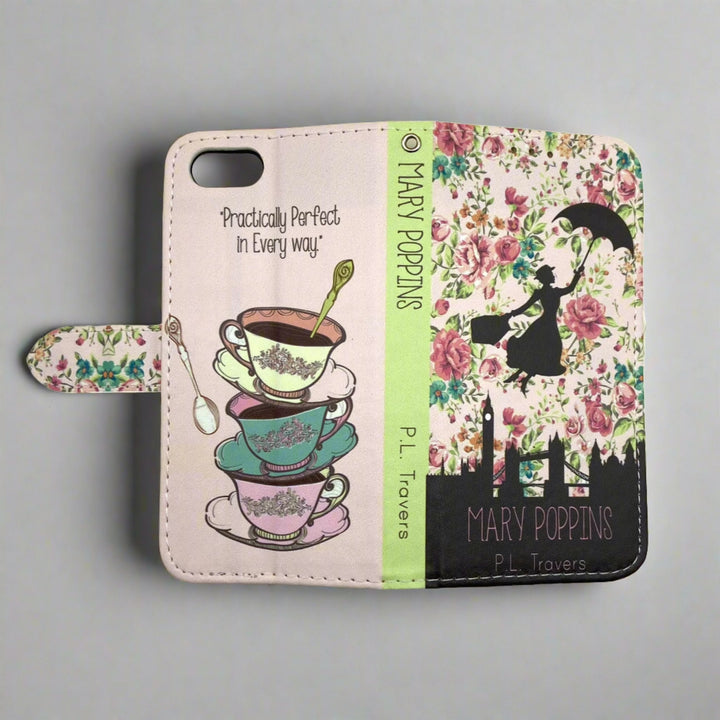 The front and back cover of a book-shaped phone case inspired by Mary Poppins by P.L. Travers.