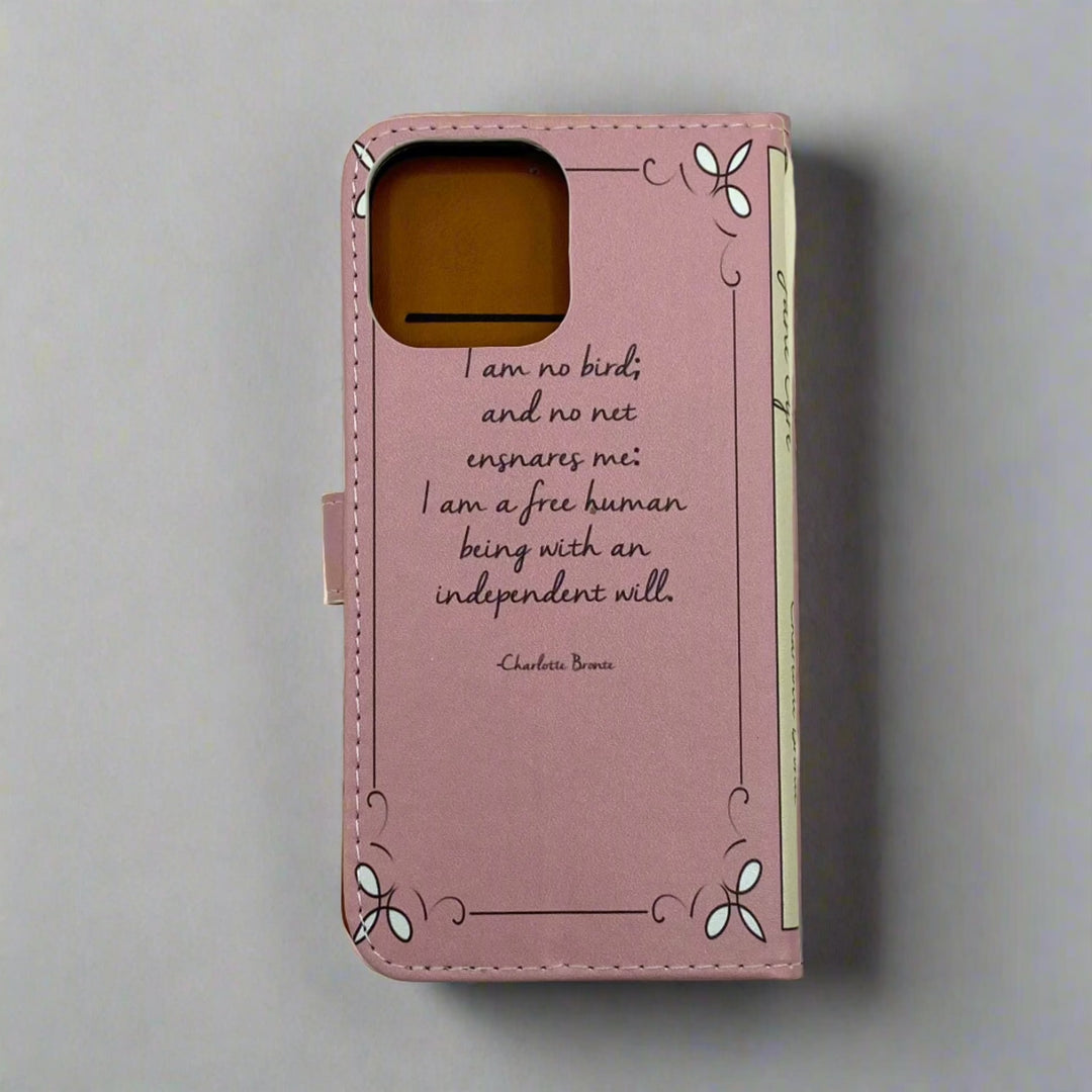 The back cover of a phone case inspired by Jane Eyre by Charlotte Bronte.