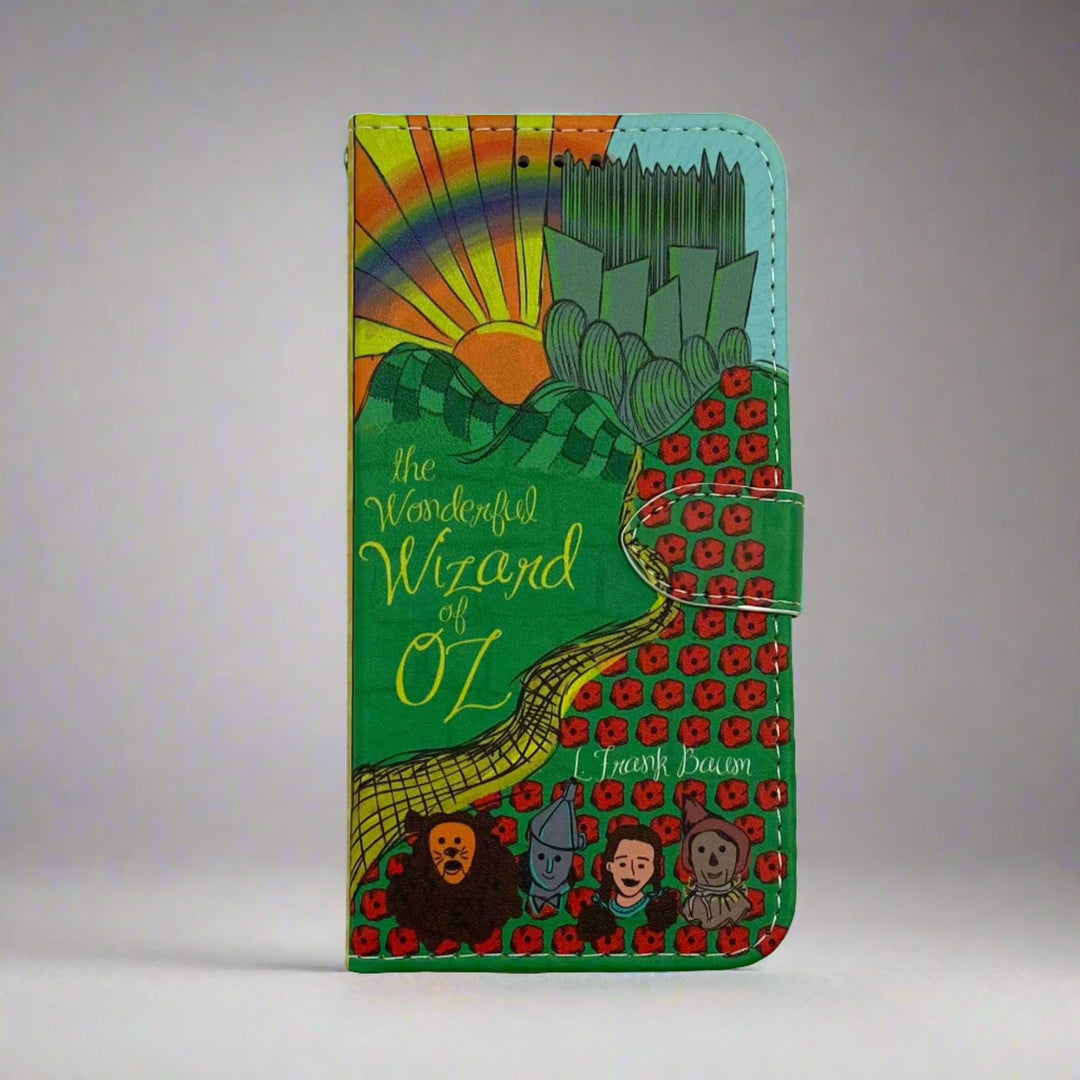 The front cover of a book-shaped phone case inspired by The Wonderful Wizard of Oz by L. Frank Baum.