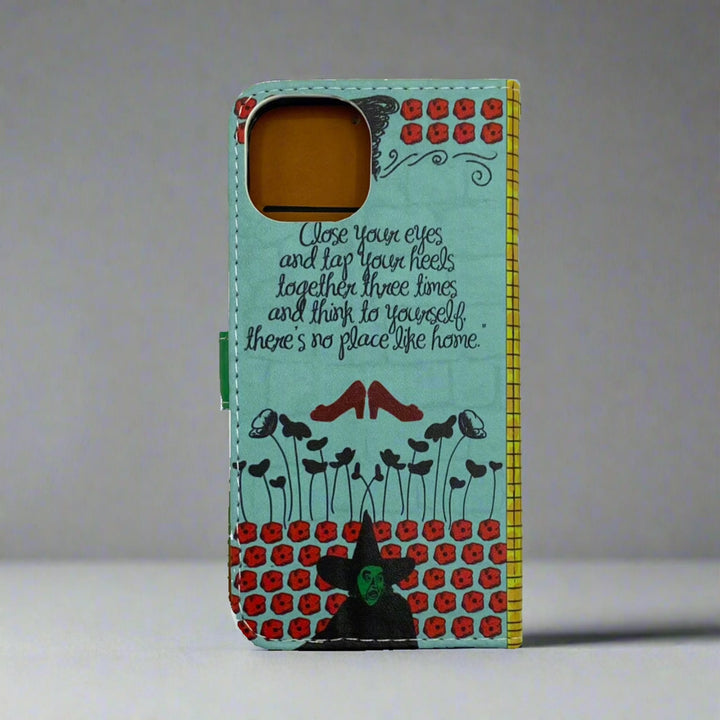 The back cover of a book-shaped phone case inspired by The Wonderful Wizard of Oz by L. Frank Baum.