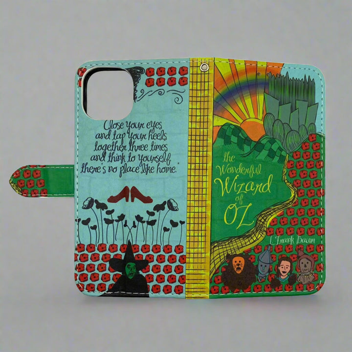 The front and back cover of a book-shaped phone case inspired by The Wonderful Wizard of Oz by L. Frank Baum.