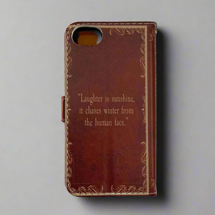 The back of a book shaped phone case inspired by Les Miserables by Victor Hugo.