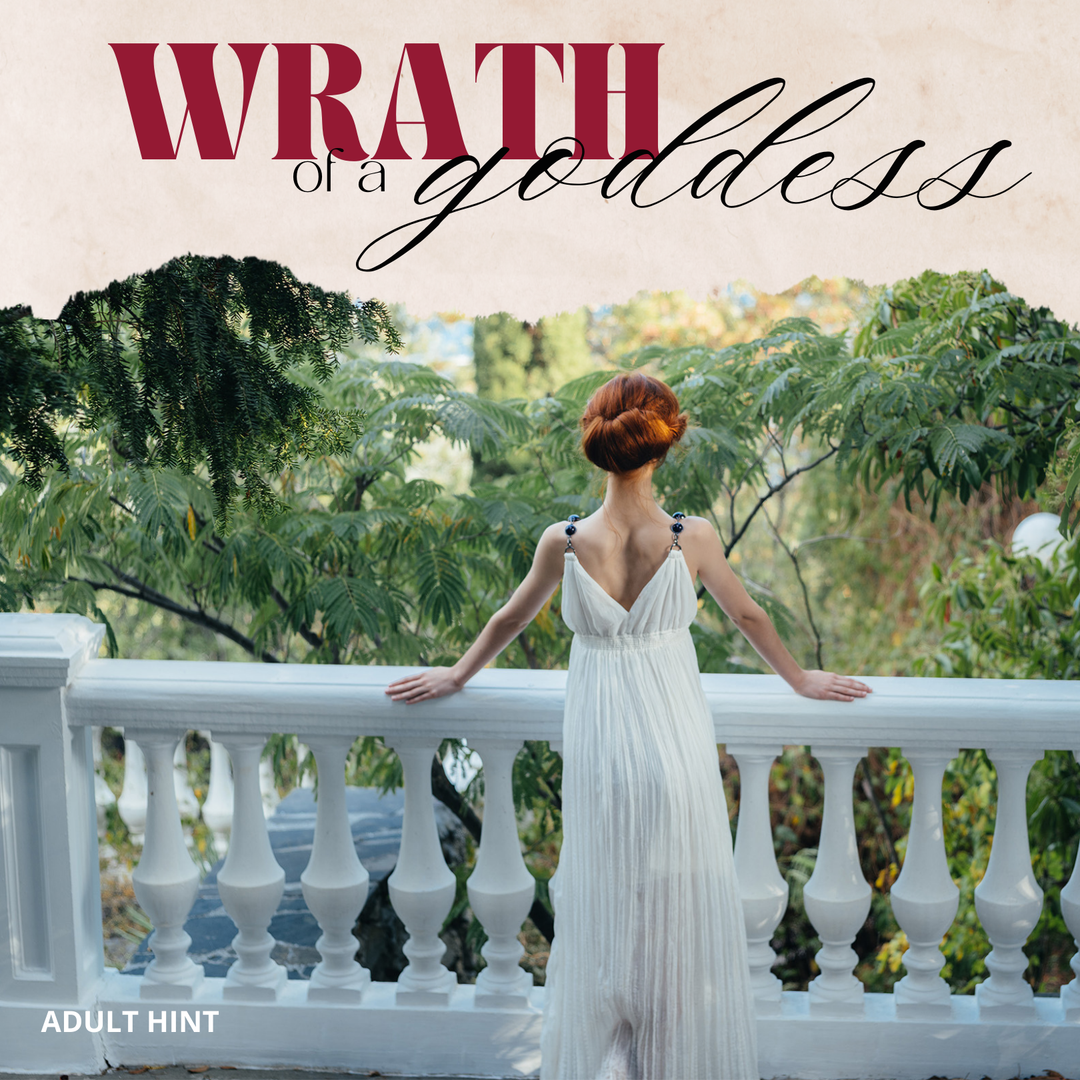 A red-haired woman wearing a large updo and a long white, Grecian-style dress stands against a white balcony railing overlooking the foliage below. The words "Wrath of a goddess" are written across the top of the image in bold burgundy and black script fonts. "Adult Hint" is written in white font in the bottom left corner.