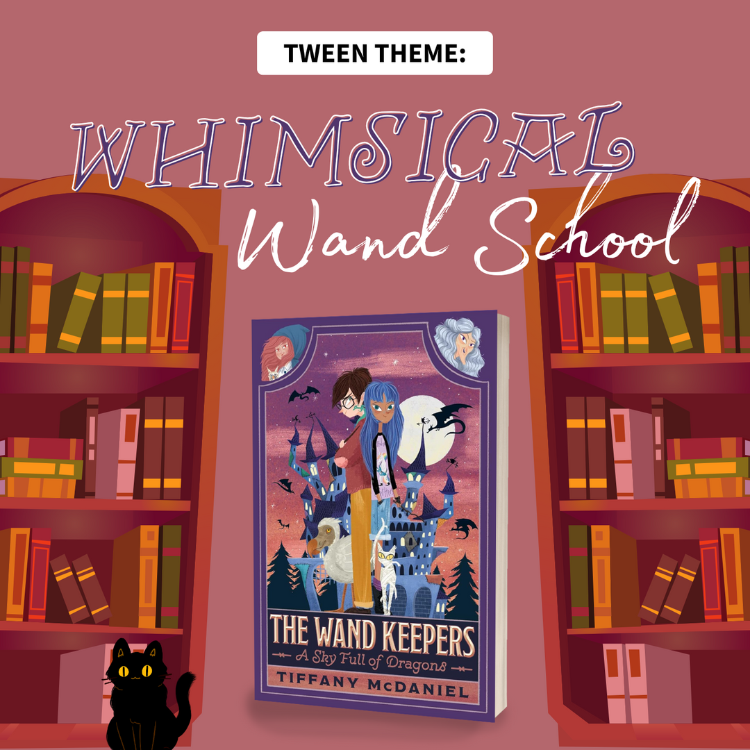 Illustrations of bookshelves and a black cat on a pink background. The book "The Wand Keepers: A Sky Full of Dragons" by Tiffany McDaniel sits in the center of the image. Tween Hint: Whimsical Wand School is written across the top of the image.