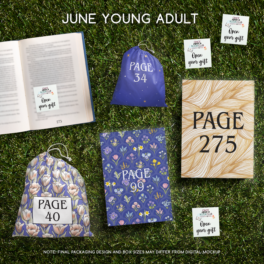 June Young Adult Once Upon a Book Club gifts are designed in aesthetic packaging colors and patterns to match the book cover/theme of the novel. Each gift is labeled with a page number, signifying when the gift is described within the story.