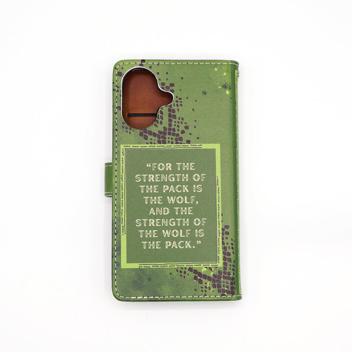 Green phone case with wolf design and quote on a white background