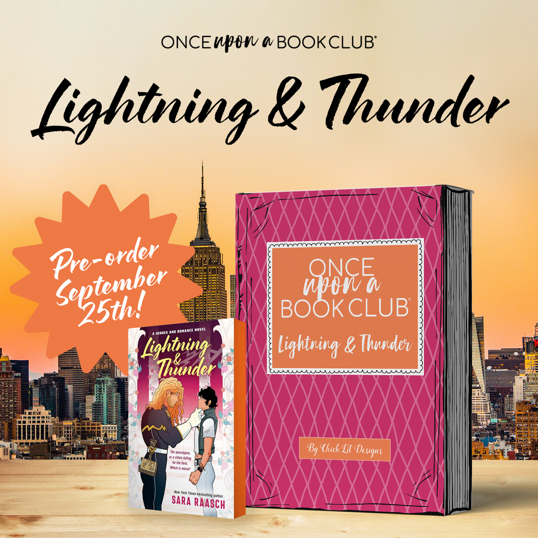 Once Upon a Book Club Lightning & Thunder. A pink and orange OUABC box next to a paperback edition of Lightning & Thunder by Sara Raasch with orange sprayed edges. There is a New York City skyline in the background.