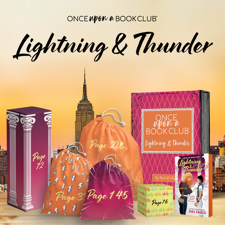 Once Upon a Book Club Lightning & Thunder. A pink and orange OUABC box next to a paperback edition of Lightning & Thunder by Sara Raasch with orange sprayed edges. Next to the book are five themed wrapped gifts labeled with page numbers. There is a New York City skyline in the background.