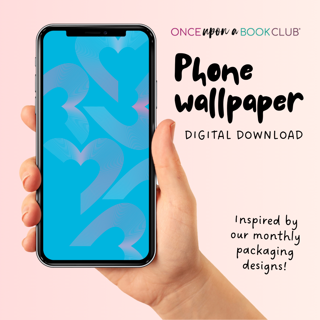 A hand holds a smartphone displaying a blue phone wallpaper with abstract heart-like shapes with 'Once Upon a Book Club' branding.
