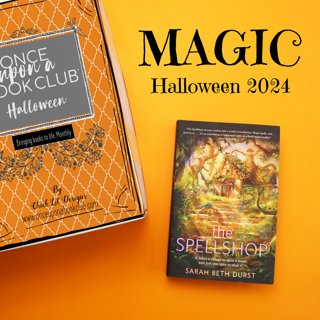 A hardcover copy of The Spellshop by Sarah Beth Durst sits on an orange background. Next to it is an orange, Once Upon a Book Club Halloween box! 