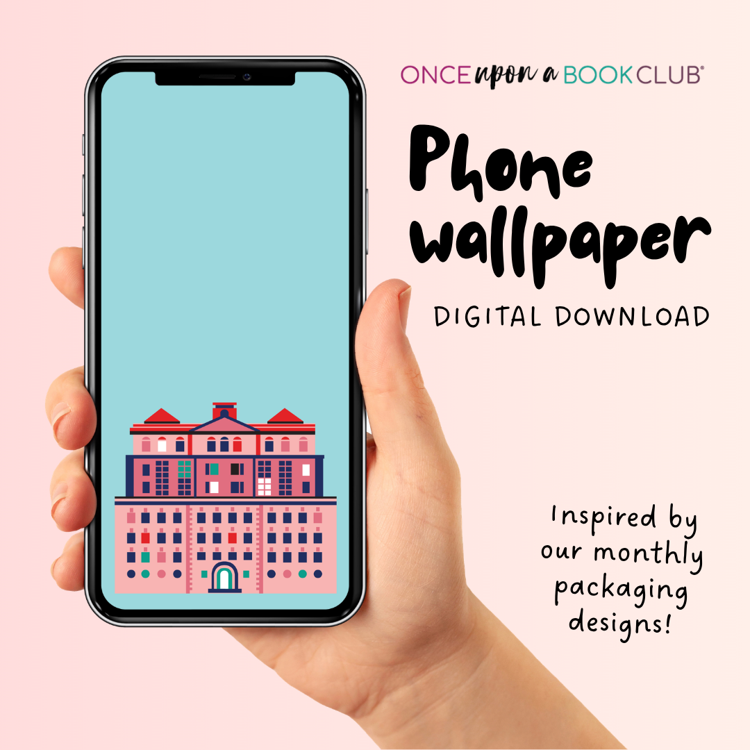 Hand holding a smartphone with a phone wallpaper digital download advertisement on a pink background.