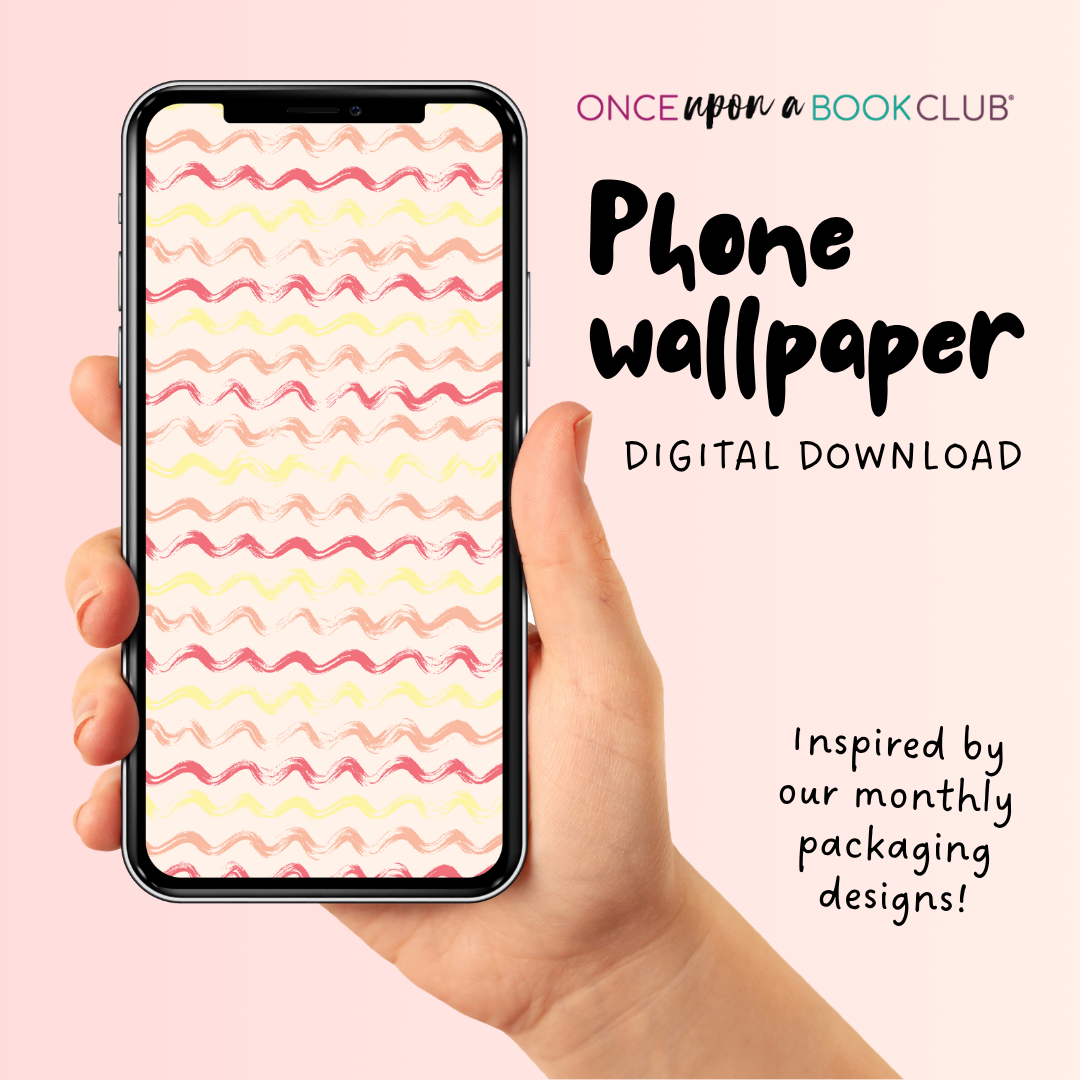 Hand holding a phone with a wavy patterned wallpaper on a pink background, promoting a digital download from Once Upon a Book Club.