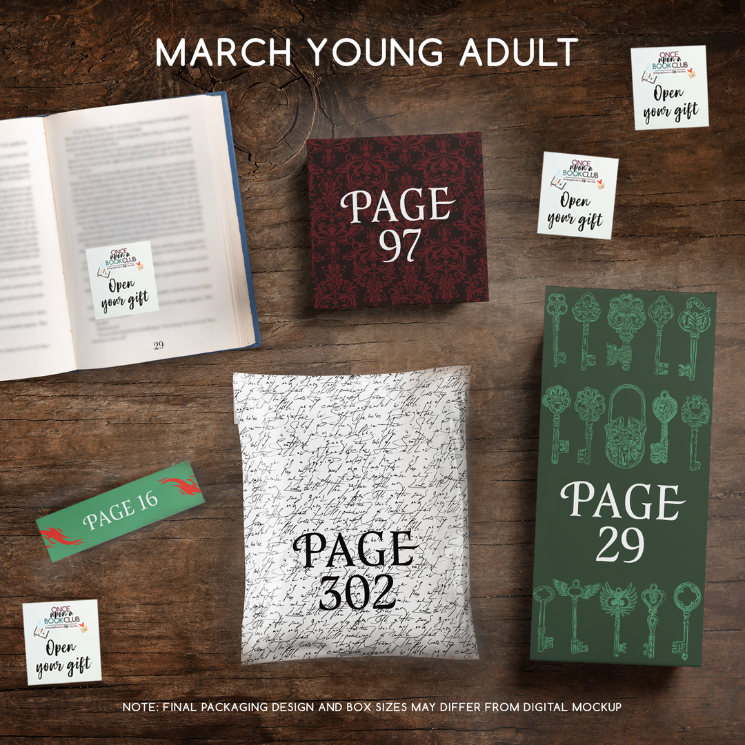 March Young Adult Once Upon a Book Club gifts are designed in aesthetic packaging colors and patterns to match the book cover/theme of the novel. Each gift is labeled with a page number, signifying when the gift is described within the story.