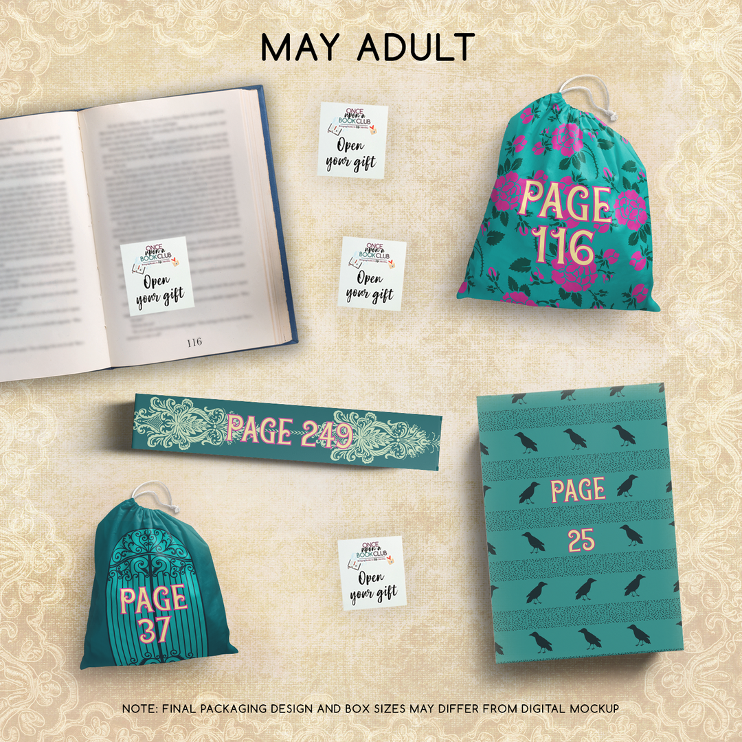 May Adult Once Upon a Book Club gifts are designed in aesthetic packaging colors and patterns to match the book cover/theme of the novel. Each gift is labeled with a page number, signifying when the gift is described within the story.