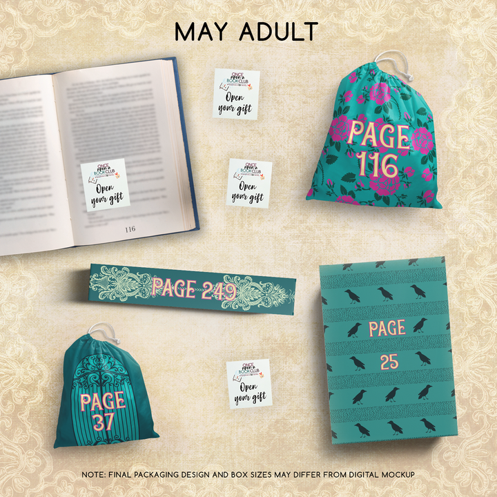 May Adult Once Upon a Book Club gifts are designed in aesthetic packaging colors and patterns to match the book cover/theme of the novel. Each gift is labeled with a page number, signifying when the gift is described within the story.