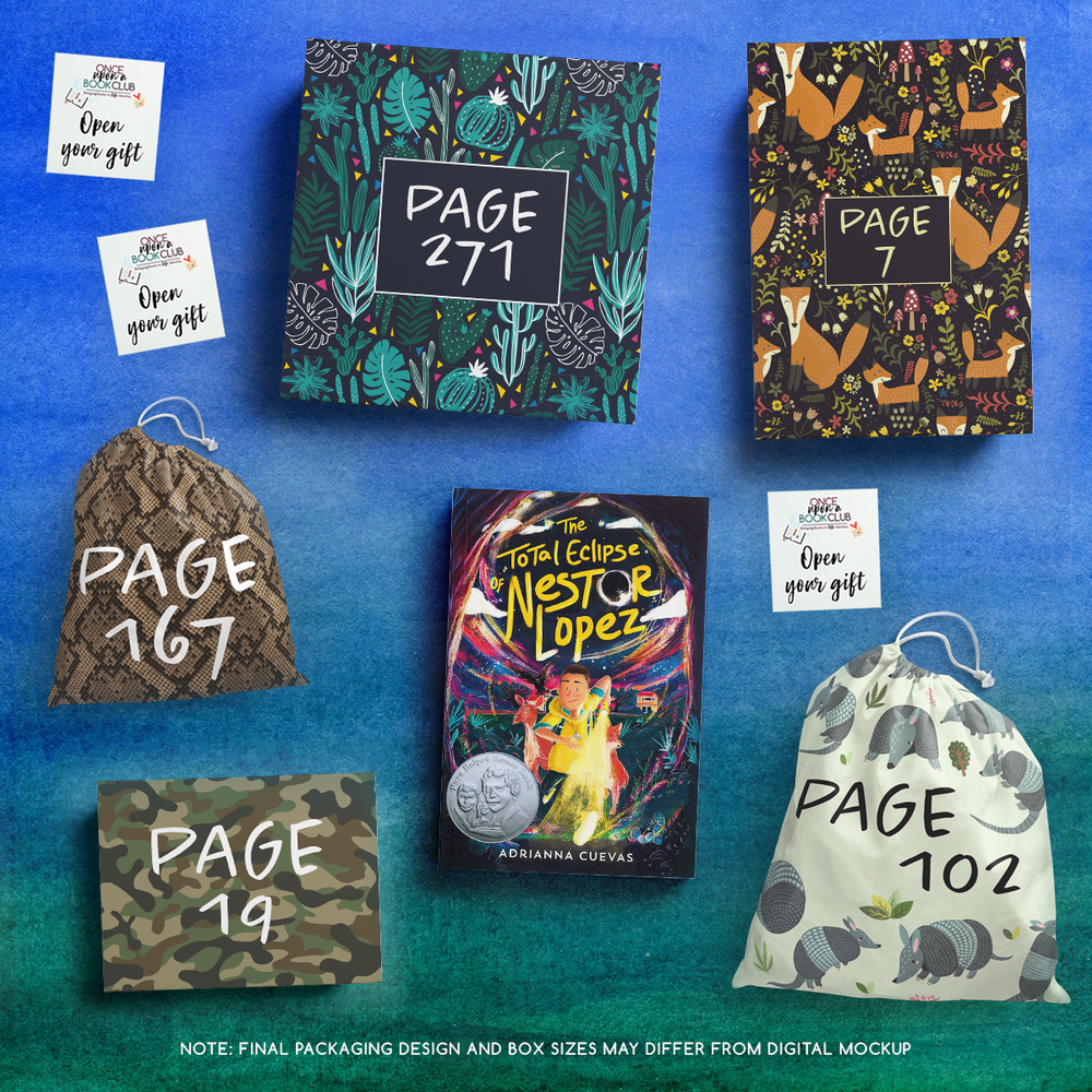 A copy of The Total Eclipse of Nestor Lopez surrounded with gift packaging labeled with page numbers on a blue and green gradient background.