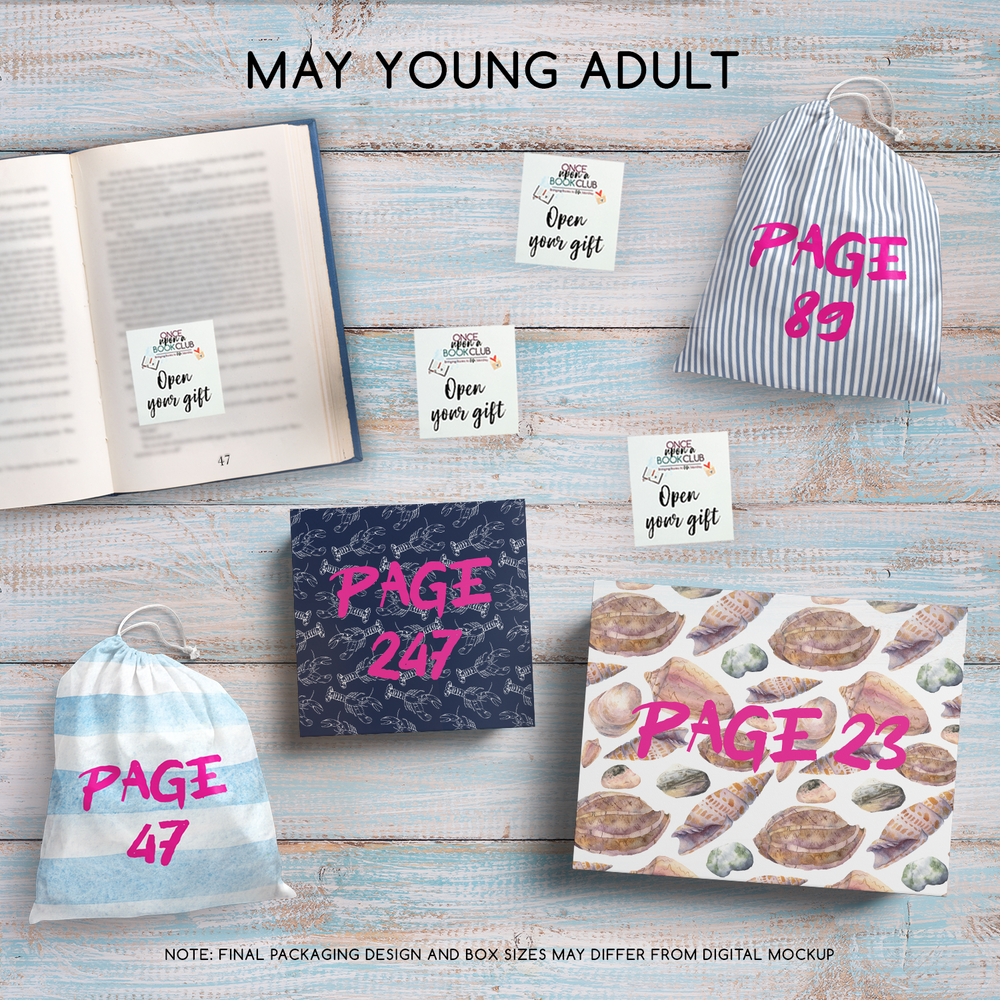 May Young Adult Once Upon a Book Club gifts are designed in aesthetic packaging colors and patterns to match the book cover/theme of the novel. Each gift is labeled with a page number, signifying when the gift is described within the story.