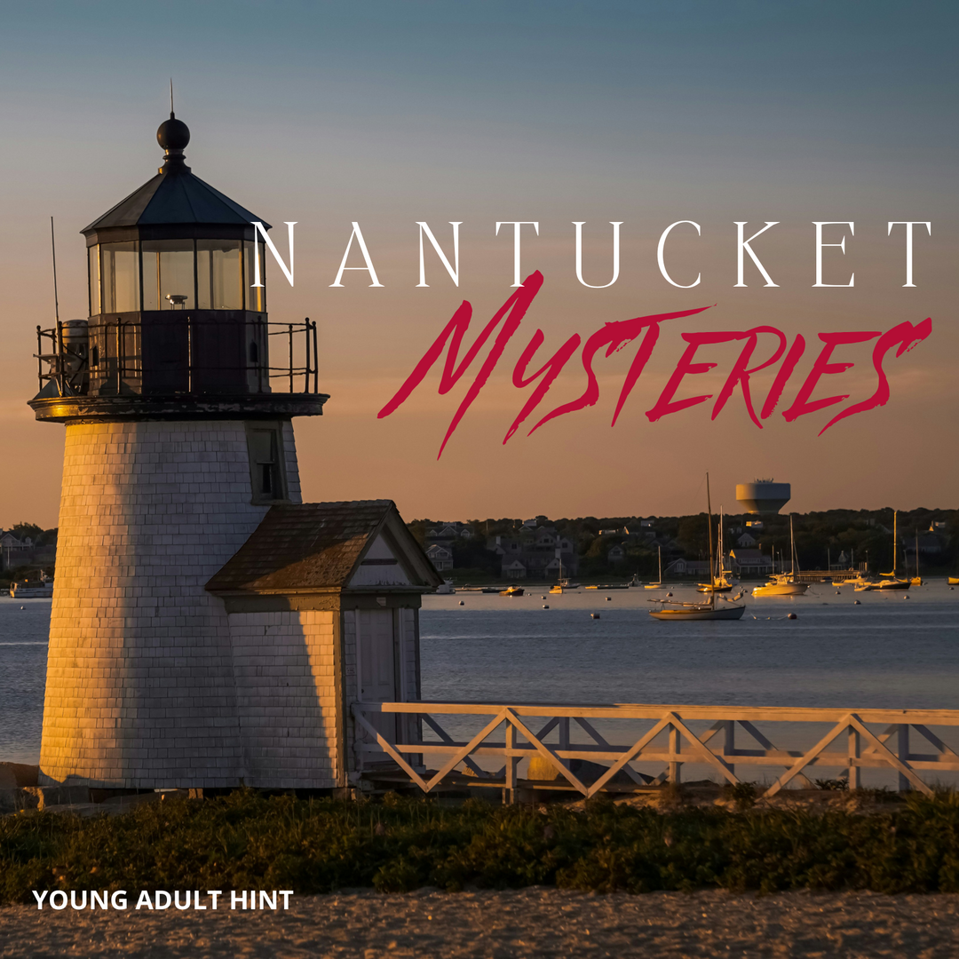 A photo of a lighthouse which sits on the shoreline of Nantucket at sunset. The words Nantucket Mysteries is written in ominous font across the sky.