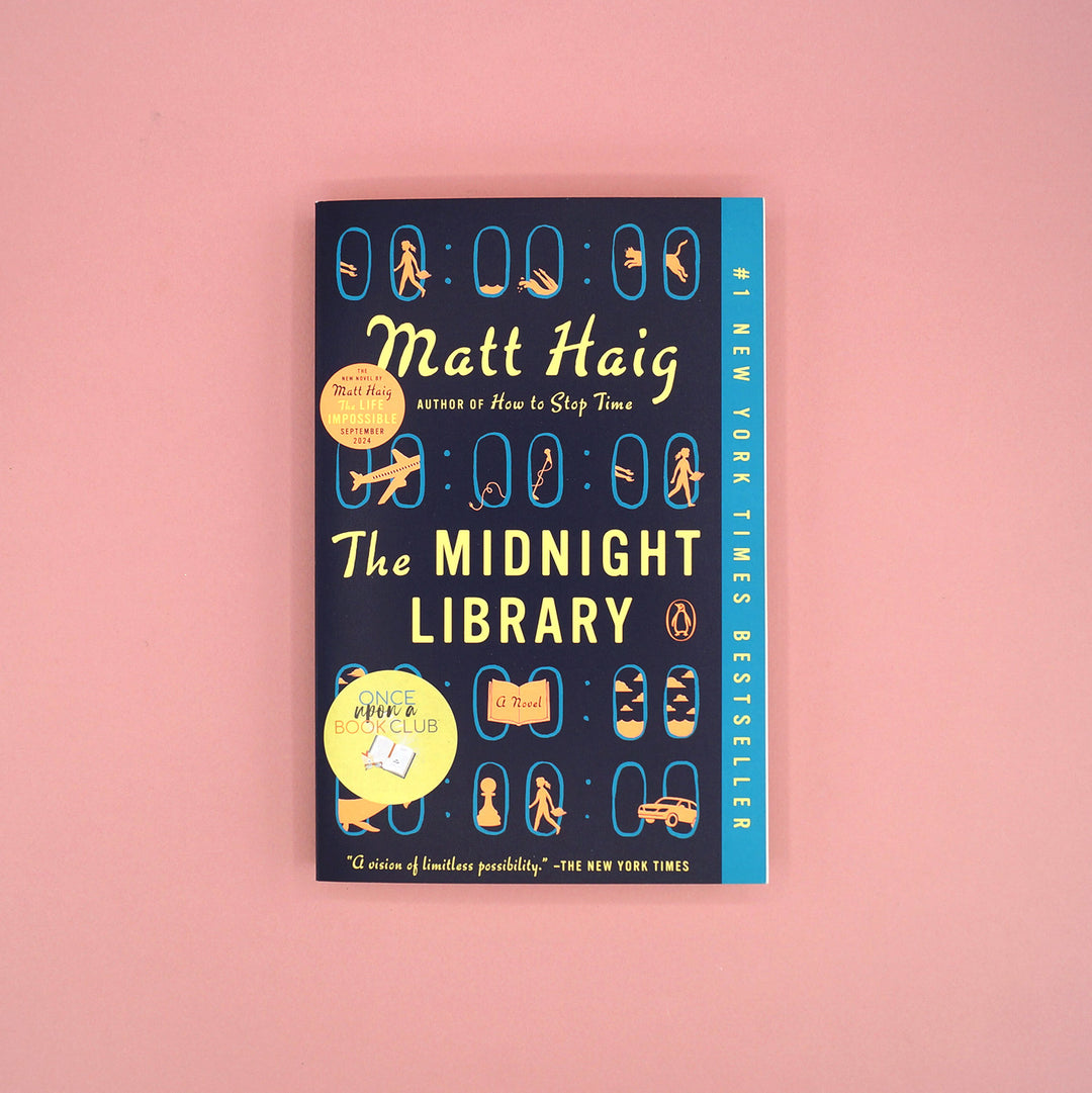Book cover of 'The Midnight Library' by Matt Haig on a pink background