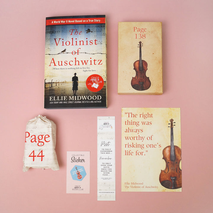 A paperback copy of 'The Violinist of Auschwitz' by Ellie Midwood with stenciled page edges, two wrapped gifts labeled with page numbers, a quote print, bookmark, and collectible sticker.