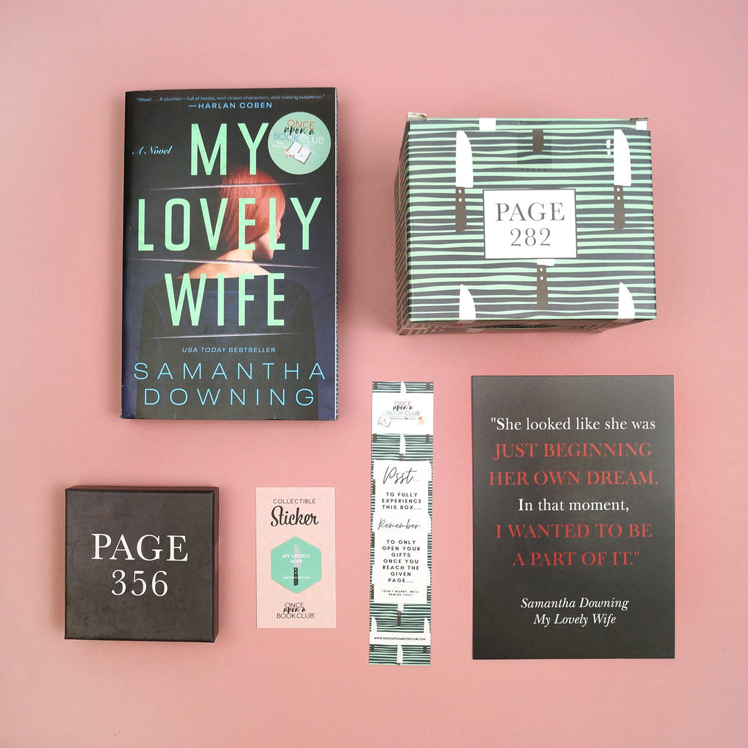 A paperback copy of 'My Lovely Wife' by Samantha Downing with stenciled page edges, two wrapped gifts labeled with page numbers, a quote print, bookmark, and collectible sticker.