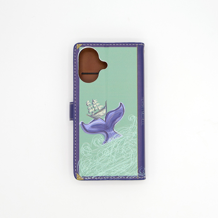 The back cover of a book-shaped phone case inspired by Moby Dick by Herman Melville.