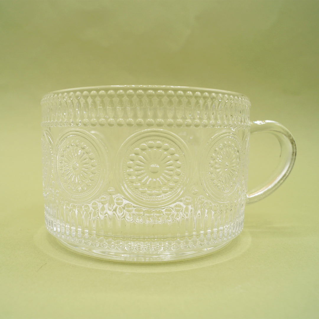 a close up of the detailing on the oversized glass mug.