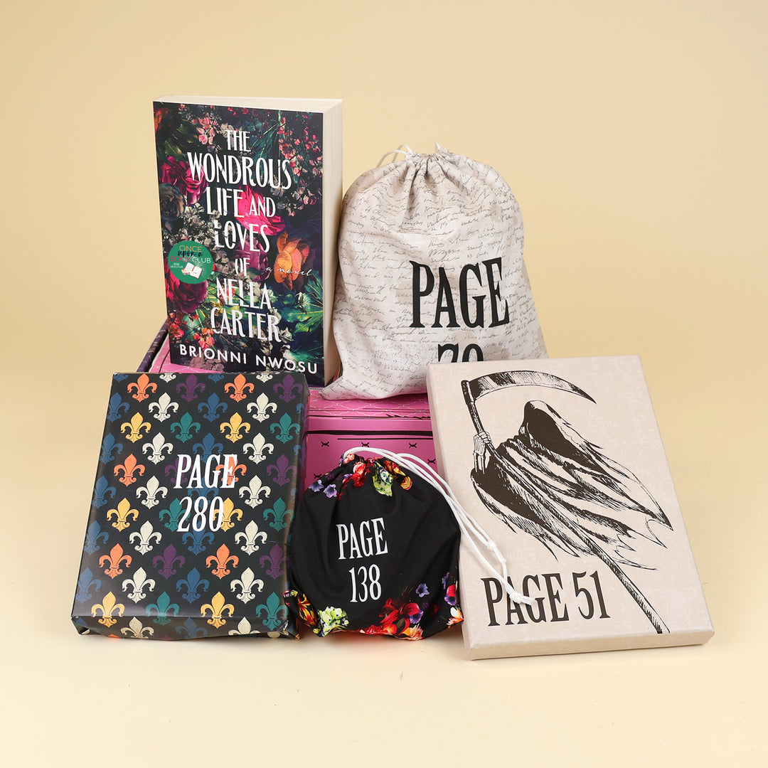 A paperback edition of The Wondrous Life and Loves of Nella Carter stands on a pink OUABC box next to a drawstring bag labeled with a page number. In front of the box are three wrapped gifts labeled with page numbers.