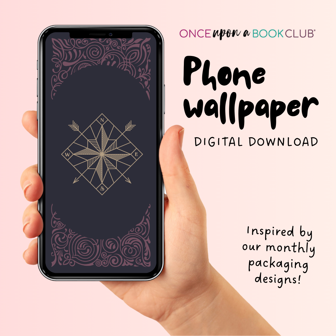 Hand holding a phone with a dark purple decorative wallpaper featuring a compass, promoting a digital download from Once Upon a Book Club.