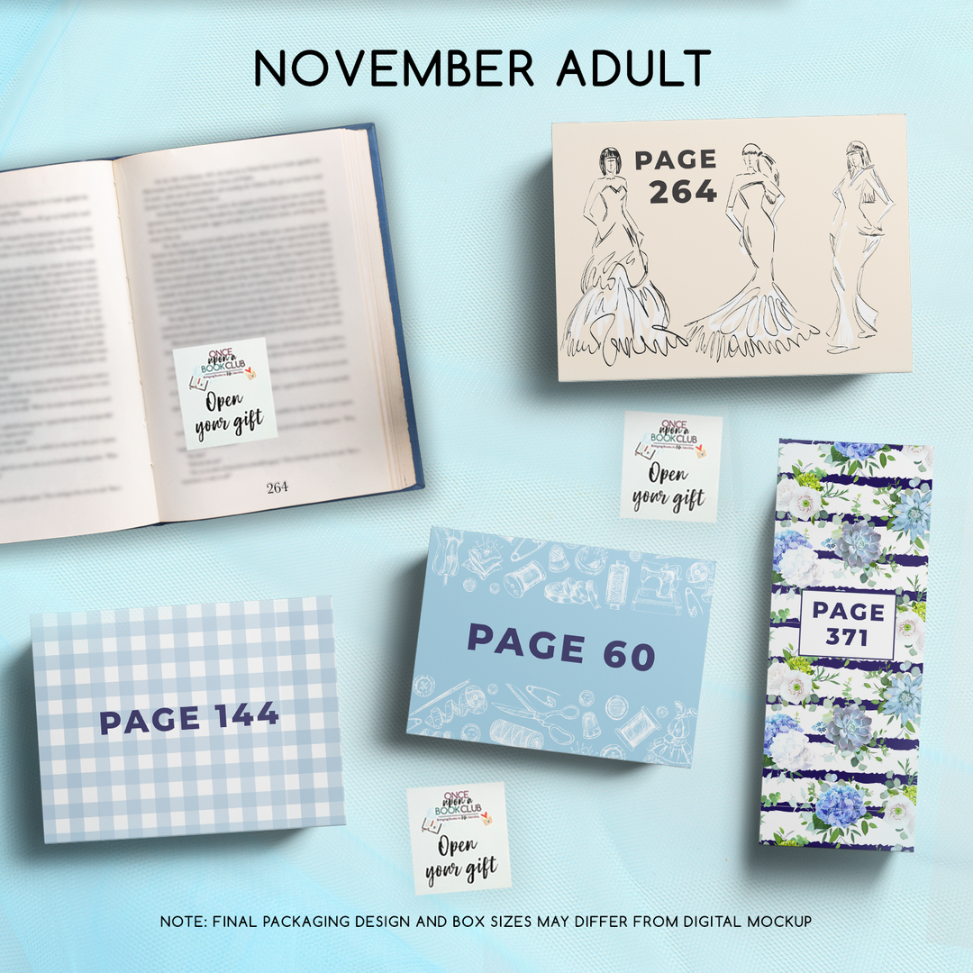 A collection of gifts in a digital mockup to represent what will be included in your order! An open book sits to the left of the image. On the book's page is a sticky note that reads 'Open Your Gift'. The page number in the book corresponds with one of the page numbers on the gift packaging laying on the surrounding background.