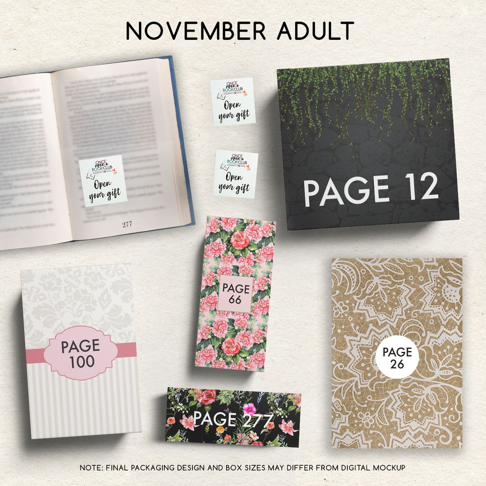November Adult Once Upon a Book Club gifts are designed in aesthetic packaging colors and patterns to match the book cover/theme of the novel. Each gift is labeled with a page number, signifying when the gift is described within the story.