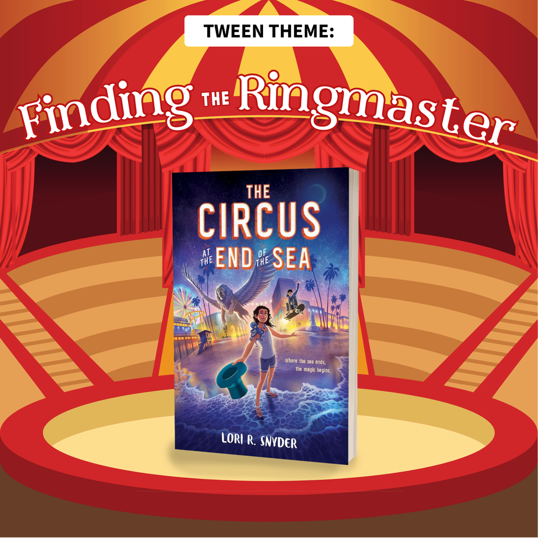 An illustrated circus tent with raised seating and stands surround the center ring. A copy of "The Circus at the End of the Sea" sits in the center of the image. The words "Tween Theme" and "Finding the Ringmaster" are written across the top of the image.