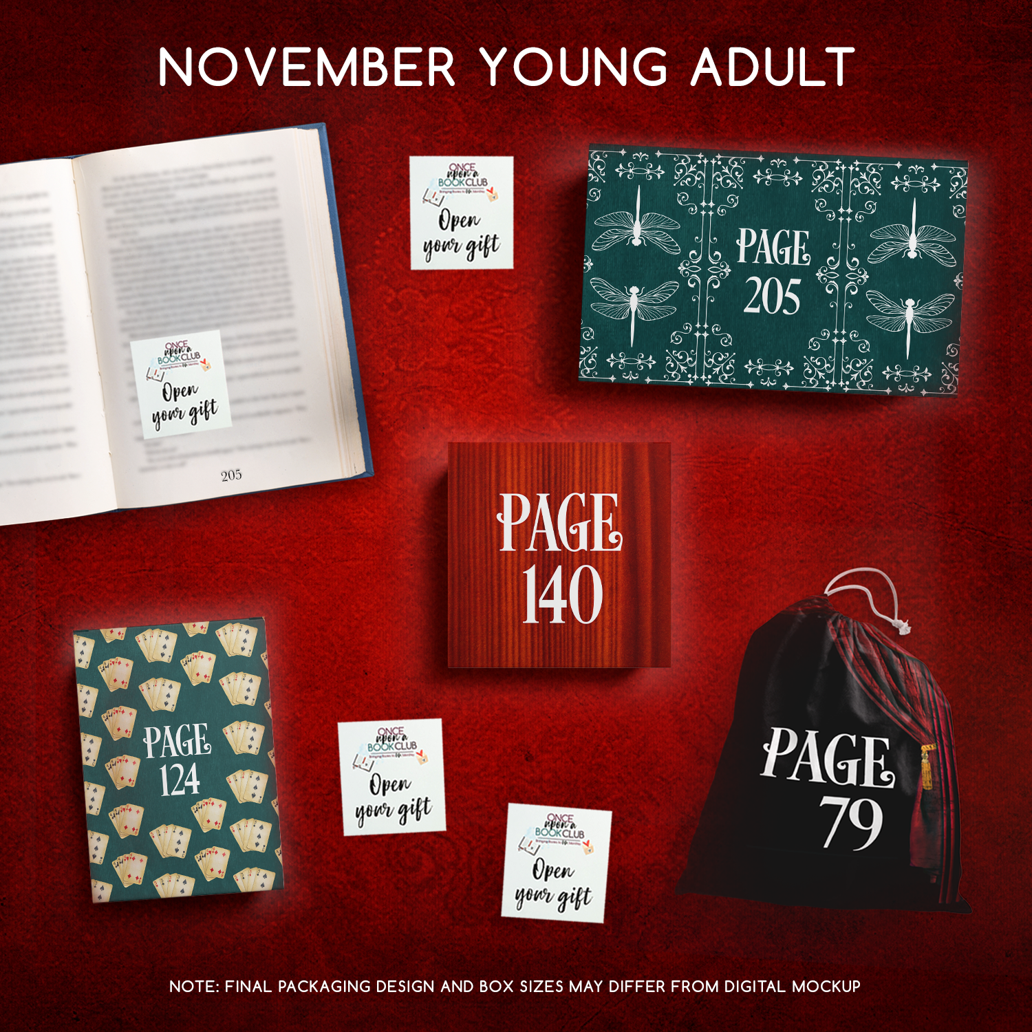 November Young Adult Once Upon a Book Club gifts are designed in aesthetic packaging colors and patterns to match the book cover/theme of the novel. Each gift is labeled with a page number, signifying when the gift is described within the story.