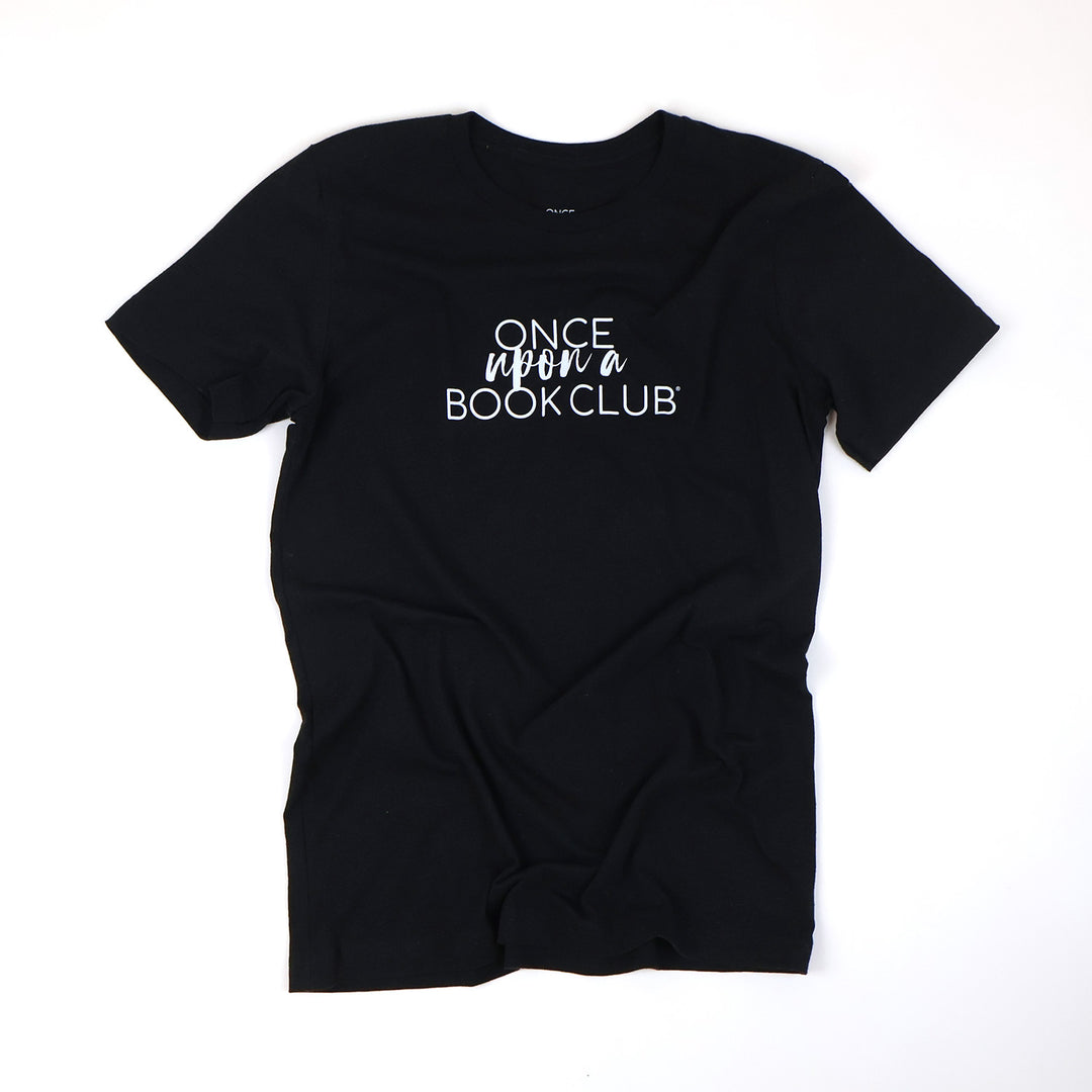A black short-sleeve crewneck t-shirt with the text 'Once Upon a Book Club' printed in white on the chest, laid flat on a white background.