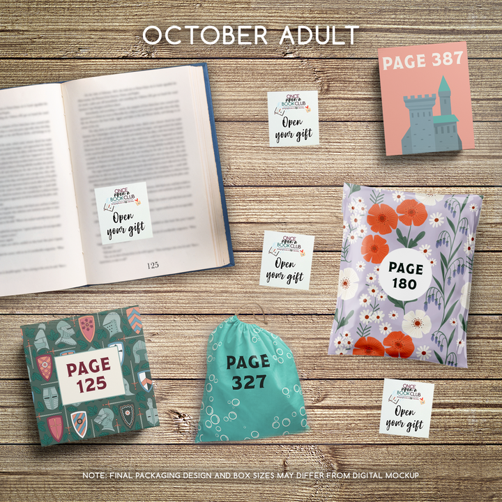 A collection of gifts in a digital mockup to represent what will be included in your order! An open book sits to the left of the image. On the book's page is a sticky note that reads 'Open Your Gift'. The page number in the book corresponds with one of the page numbers on the gift packaging laying on the surrounding background.