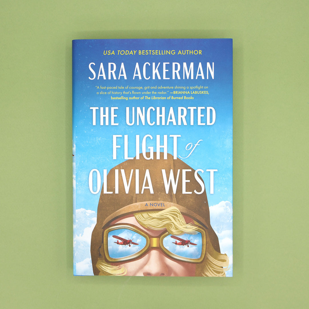 Book cover of 'The Uncharted Flight of Olivia West' by Sara Ackerman on a green background