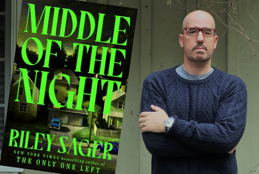 An image of author Riley Sager standing with his arms crossed in front of a house, with the cover of his book "Middle of the Night" displayed beside him.