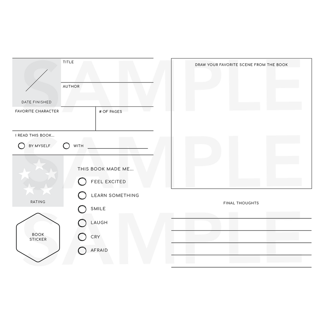 A screenshot of the interior of the passport. Each page includes spots for the date finished, title, author, favorite character, number of pages, who you read the book with, the rating, how the book made you feel, a space for a collectible book sticker, a space to draw your favorite scene from the book, and five lines to add your thoughts about the book.