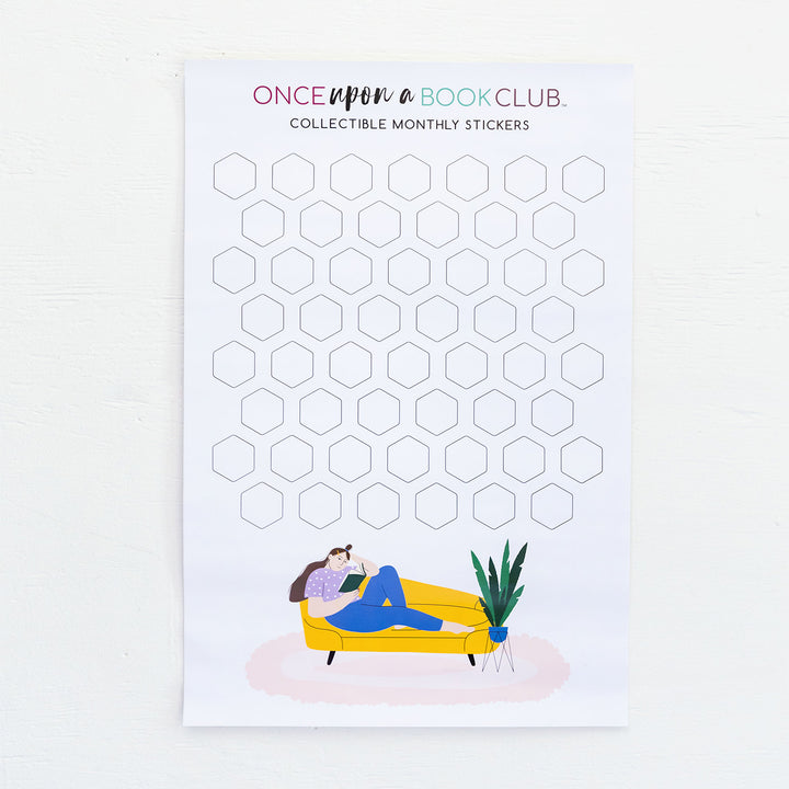 A white poster sits on a white background. At the top of the poster are the words "Once Upon a Book Club Collectible Monthly Stickers". 52 empty hexagon outlines fill the middle of the poster. The bottom of a poster is an illustrated drawing of a person with dark hair on a yellow couch reading a book. A drawing of a potted plant sits next to it.